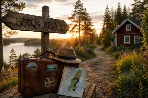 Svensk landsbygd i solnedgång med resväska, vägskylt och röd stuga vid en sjö omgiven av skog.