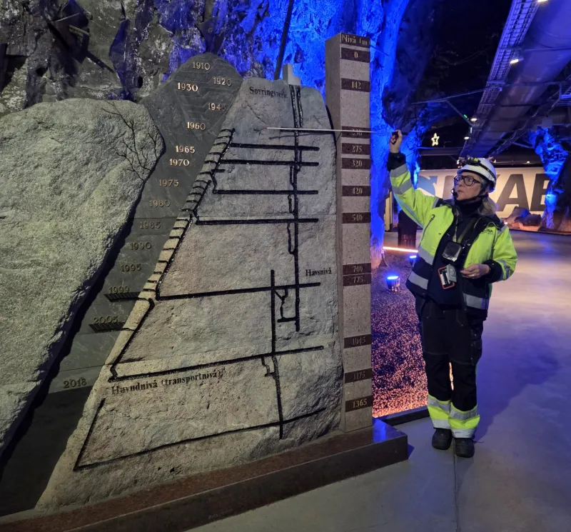 Guide visar information inne i LKAB:s gruva i Kiruna