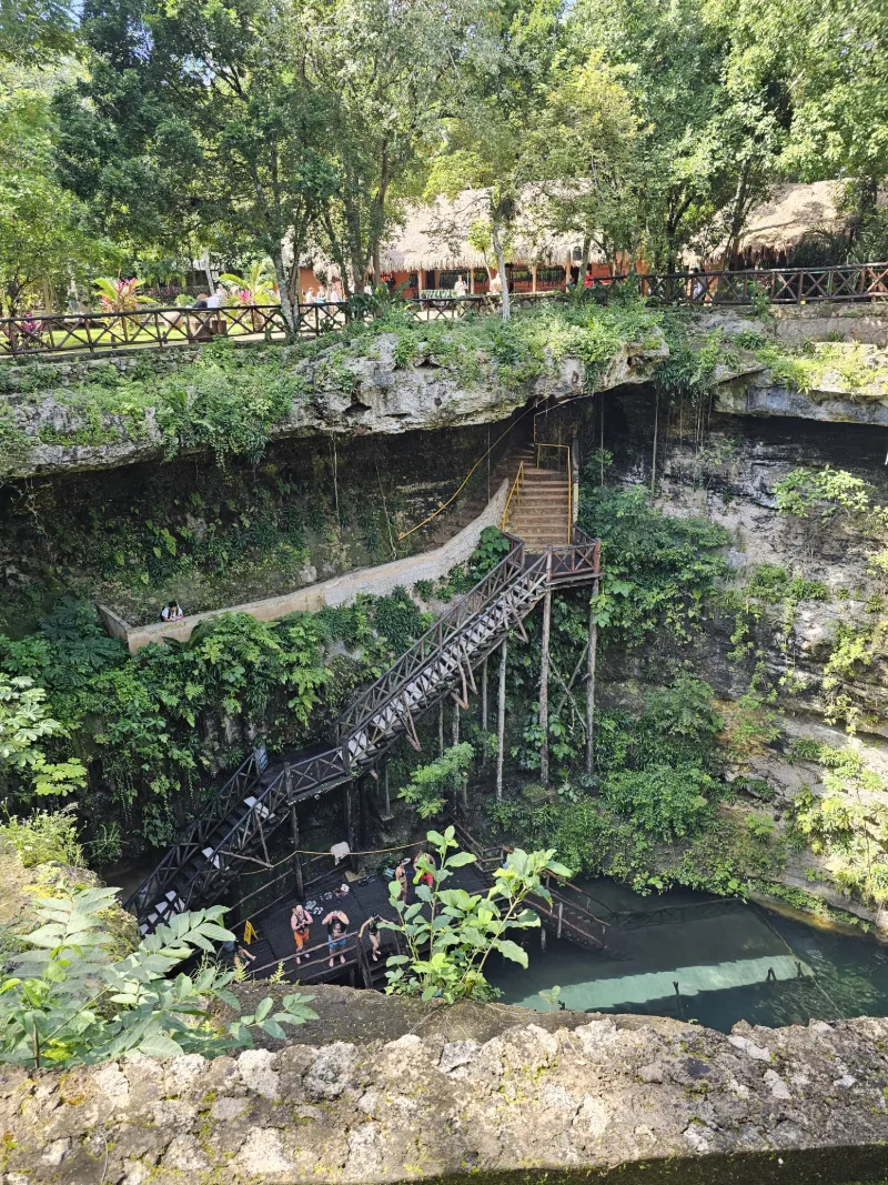 Trappa leder ner till cenote omgiven av grönskande natur i Mexiko