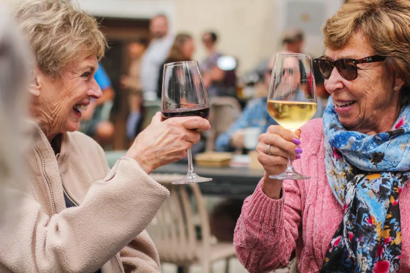 Två kvinnor skålar med vin och njuter av gemenskap