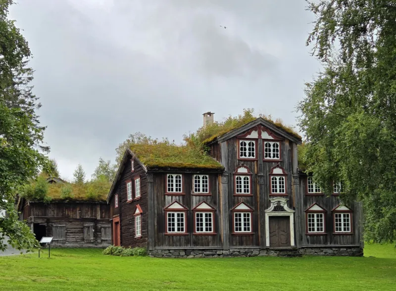 Traditionell norsk träarkitektur med vackert grästak.