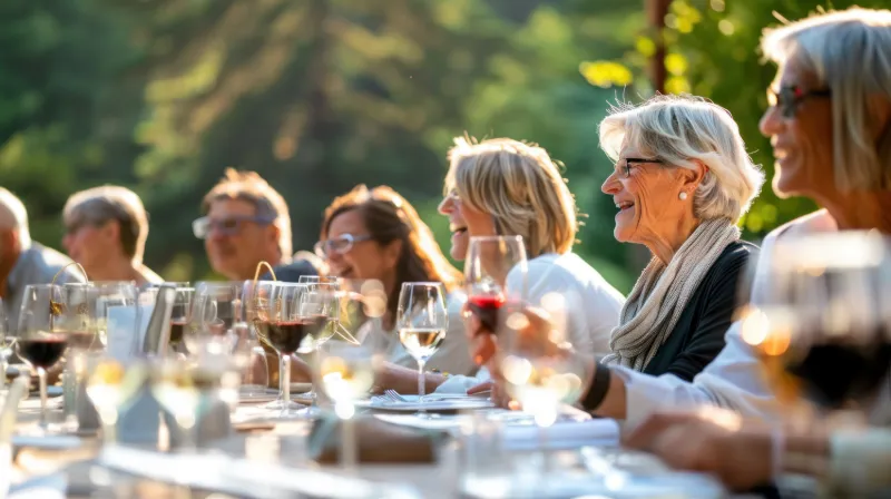 Resenärer njuter av middag och vinprovning utomhus i kvällssolen
