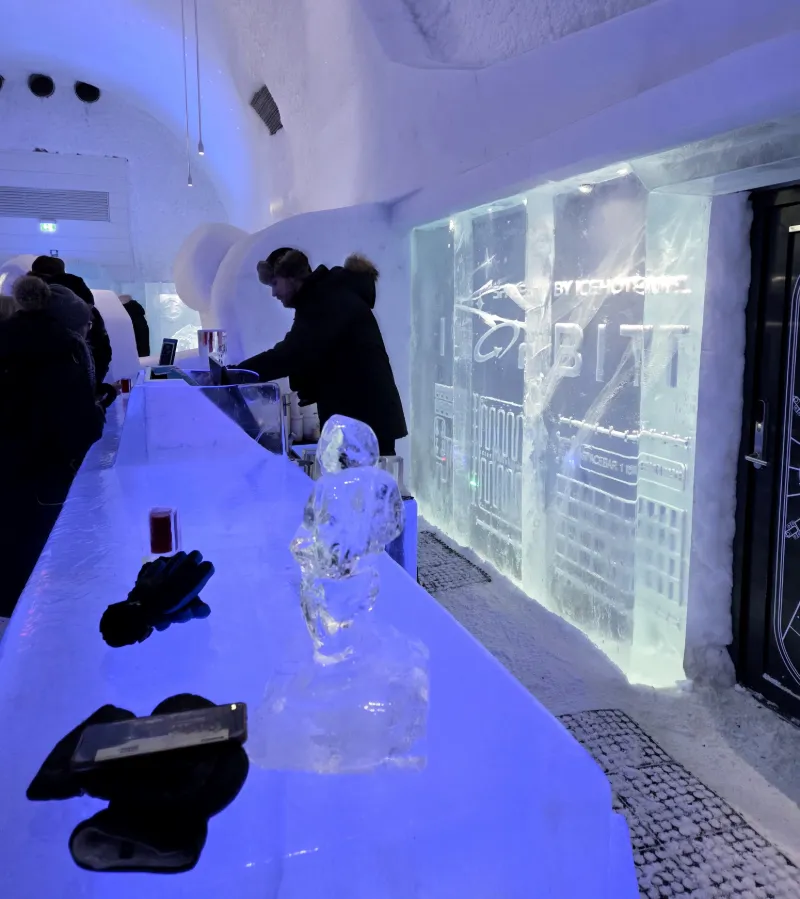 Isbar på Icehotel i Jukkasjärvi med bardisk av is