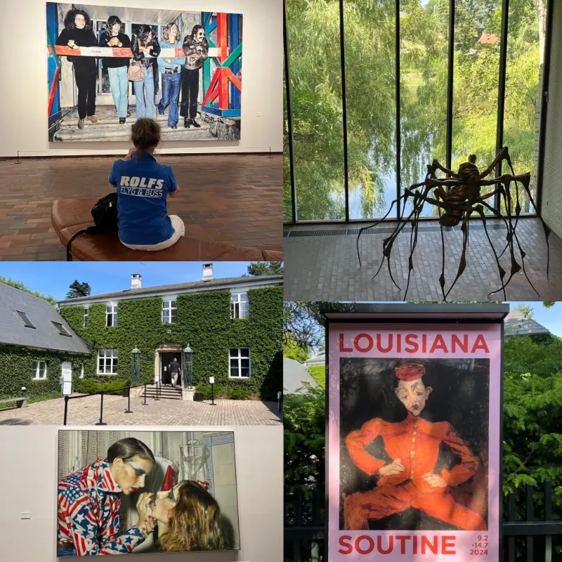 Collage från Louisiana Museum of Modern Art med besökare, skulpturer, konstverk och museibyggnad under dagsutflykt