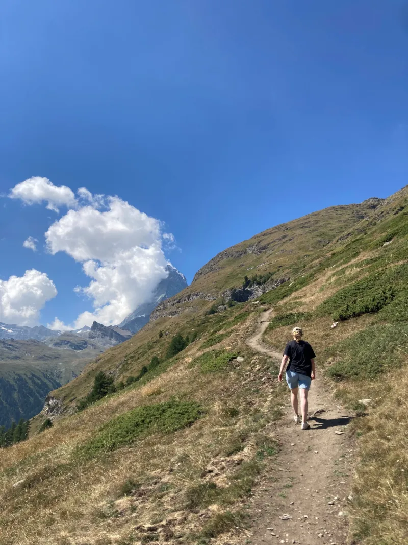 Panoramavy över bergslandskap och vandringsstig i Alperna