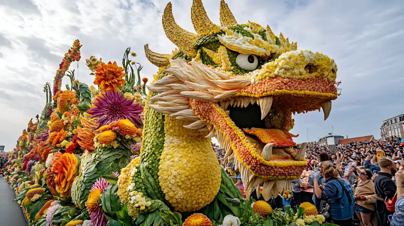 Färgglad blomsterskulptur på Dahliafestivalen i Zundert.