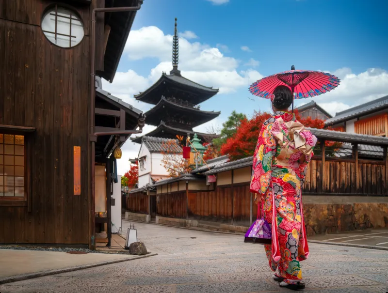 Person i kimono på en tradisjonell gate i Kyoto.