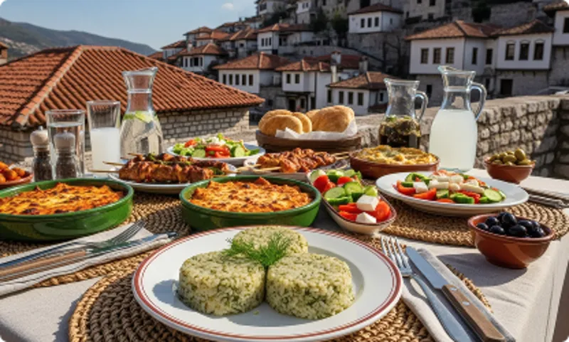 Dukat bord med lokala specialiteter, sallader, bröd och grillade rätter serverade på en terrass med utsikt över en historisk stad med stenhus och röda tegeltak.
